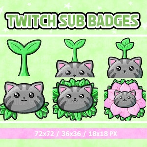 Cute Flower Gray Cat Twitch Sub Badges! - Instant Download - 72x72 36x36 18x18 - Twitch, Youtube, Discord