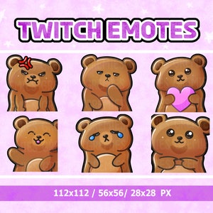 6 Cute Bear Emotes - Instant Download - 112x112 56x56 28x28 - Twitch, Youtube, Discord - Cute - Sad - Bored - Angry - Shy - Heart