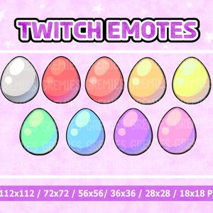 May include: Set of nine colorful egg-shaped Twitch emotes in various sizes, ranging from 112x112 pixels to 18x18 pixels. The emotes are in shades of white, red, orange, yellow, green, blue, purple, and pink.