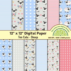 12 &quot;x 12&quot; digitales Papier mit niedlichen Schafenmustern, Scrapbooking, Kartengestaltung, sofortiger Download für kommerzielle Nutzung, 12 druckbare Papiere