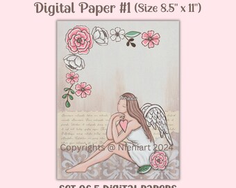 Digital Paper, journaling, scrapbook paper, handmade, paper crafts, angel, decoupage