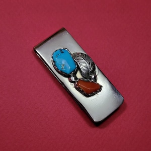 For Charity Vintage Southwest Style Silver Turquoise Coral Money Clip