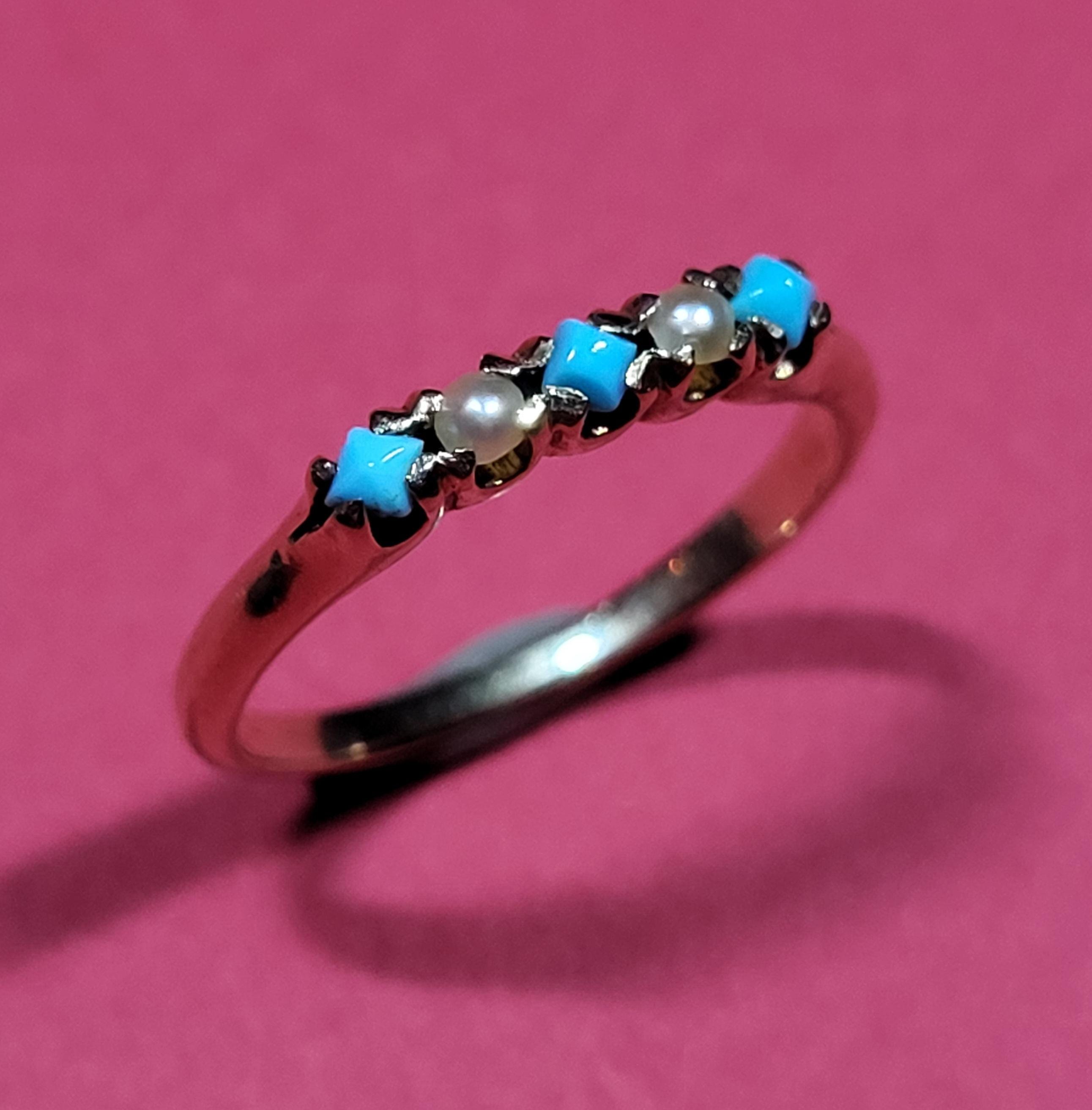 For Charity Vintage Antique 10K Seed Pearl Faux Turquoise Delicate Stacking Ring