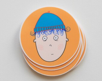 confused face sticker, funny face decal, boy's face sticker, vinyl glossy round sticker, helmet yellow sticker, waterproof skater decal 5 cm