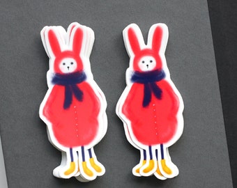 Rabbit vinyl sticker, bunny in red jacket, bunny vinyl sticker, red vinyl sticker, vinyl autumn sticker, matte & glossy sticker 3,5x8,5 cm