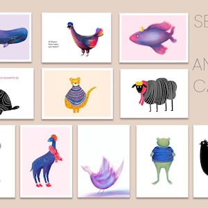 Conjunto de 11 tarjetas de felicitación A6, tarjetas de felicitación de animales, juego de tarjetas de animales, pony, ballena, tortuga, pez, oveja, pájaro, pollo, conejito, leopardo, rana