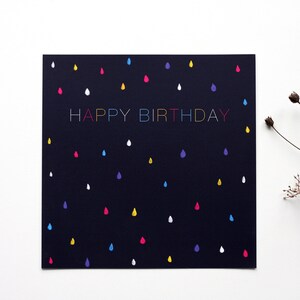 Carte de joyeux anniversaire, carte de gouttes colorées, carte d'anniversaire bleu foncé, carte d'anniversaire colorée, carte d'anniversaire simple 14,8 x 14,8 cm