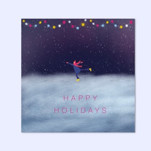 Biglietto di auguri di buone feste, biglietto di auguri invernale, biglietto di Natale, ragazza sulla pista di pattinaggio, biglietto di pattinaggio, 14x14 cm