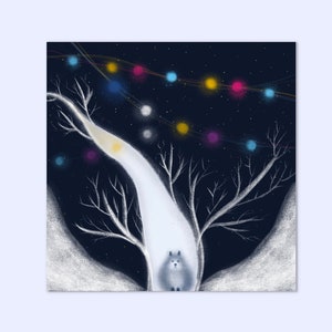 Carte Hérisson dans la cabane, illustration d'hiver, carte de lumières, carte de voeux d'hiver, carte d'hiver animal 14x14 cm