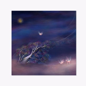 tarjeta de felicitación de fantasía, animales mágicos, tarjeta cuadrada para niños, tarjeta de árbol mágico, tarjeta de ensueño, tarjeta de cuento de hadas, tarjeta de felicitación azul 14,8x14,8 cm