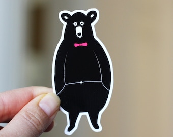 Black bear with bow vinyl glossy sticker 3.7x7.5 cm