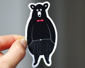 Black bear sticker, vinyl matte, glossy animal sticker, bear birthday decal, birthday animal sticker, funny bear with bow tie 3.7x7.5 cm