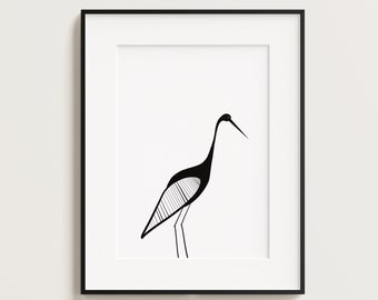Stork Art Print  - Minimalist Stork- Simple Stork Poster - Bird wall art, Black-white wall decor, animal art print, bird print A4 21X29.7 cm