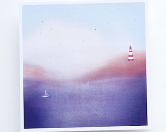 Carte de voeux phare, carte nature, bateau à voile, voilier, illustration de paysage, impression phare 14,8 x 14,8 cm sur papier recyclé