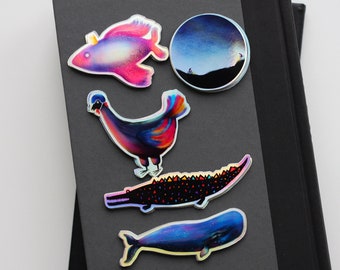 Holographic vinyl stickers, animal holographic stickers, die-cut chicken, fish, whale, crocodile; bikers, planet round sticker