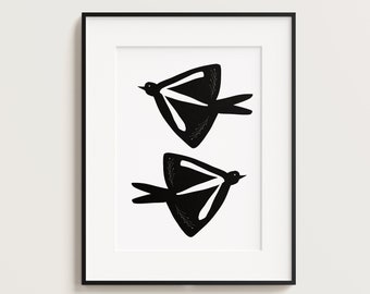 Birds Print - Black-white Art Print - simple minimalist birds poster - birds wall art - black birds poster, 2 birds print A4 21X29.7 cm