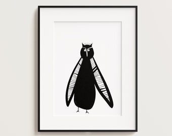 Owl Art Print, minimalist owl print, Simple Owl Poster, Bird wall art, Black-white wall decor, black owl art print, owl poster A4 21X29.7 cm