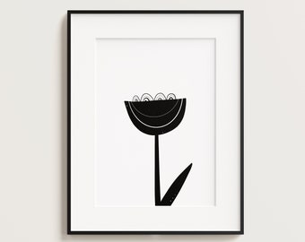 Flower Art Print, Minimalist Flower, Simple Flower Poster, Floral wall art, abstract flower print, Black-white wall decor A4 21X29.7 cm