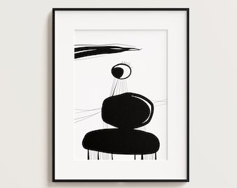 Abstract Circles and Lines - Black-white abstract Art Print - Simple minimalist geometric poster, abstract monochrome print A4 21X29.7 cm