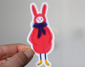 Rabbit sticker, bunny in red clothes, bunny sticker, cute animal sticker, red vinyl sticker, vinyl matte autumn sticker 3,5x8,5 cm