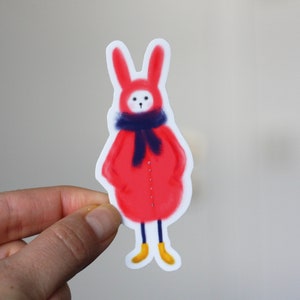 Adesivo de coelho, coelho com roupas vermelhas, adesivo de coelho, adesivo de animal fofo, adesivo de vinil vermelho, adesivo de vinil fosco de outono 3,5 x 8,5 cm