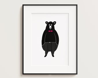 Bear Art Print, Bear birthday print, Minimalist Bear, Simple Bear Poster, Animal wall art, Black-white wall decor, black bear A4 21X29.7 cm