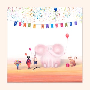 Biglietto di auguri di buon compleanno, animali divertenti con palloncini, elefante, scimmia, gatto, topo, coniglio, biglietto di auguri di compleanno per bambini 14,8 x 14,8 cm