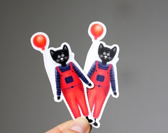 Cat sticker, black cat with balloon, cat vinyl sticker, cute animal sticker, cat in a red dungarees, vinyl matte & glossy sticker 7.5x3.2 cm