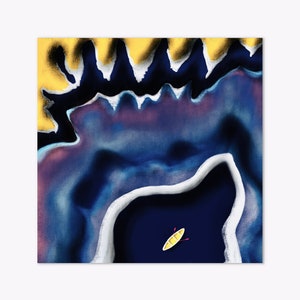Tarjeta de felicitación de barco amarillo, Tarjeta de felicitación abstracta, Tarjeta náutica, Tarjeta oceánica, Barco en el océano, Tarjeta de mar frío 14 x 14 cm