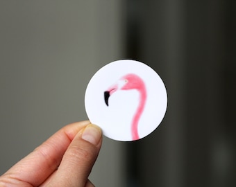 Flamingo round sticker, vinyl round animal sticker, Vinyl glossy waterproof sticker, pink flamingo sticker, bottle flamingo decal 4 cm; 5 cm