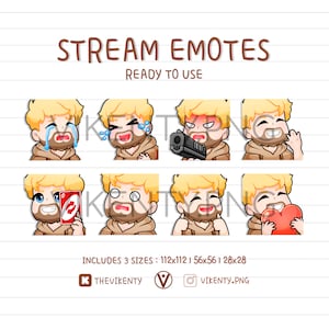 Può includere: Set di otto emoticon di cartoni animati che rappresentano un uomo barbuto con i capelli biondi in varie espressioni, tra cui piangere, essere sorpreso, puntare una pistola, sorridere, tenere una carta, sembrare confuso, sorridere e tenere un cuore. Le emoticon sono disponibili in tre dimensioni: 112x112, 56x56 e 28x28.