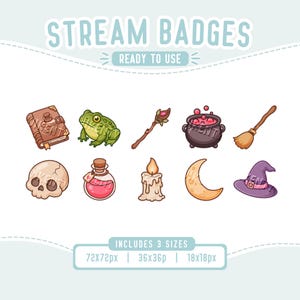 Peut inclure: Un ensemble de dix badges de stream numériques représentant des icônes magiques : grimoire, grenouille verte, bâton en bois, chaudron bouillonnant, balai, crâne, potion rose, bougie allumée, croissant de lune et chapeau de sorcière violet.