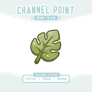 Peut inclure: Une feuille verte de dessin animé avec un contour vert clair. L'image comprend le texte "CHANNEL POINT READY TO USE" et "INCLUDES 3 SIZES" avec des dimensions en pixels : 112x112px, 56x56px et 28x28px.