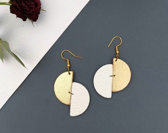 White and gold leather earrings, leather earrings, long earrings, elegant earrings, exclusive earrings, white leather, gold leather