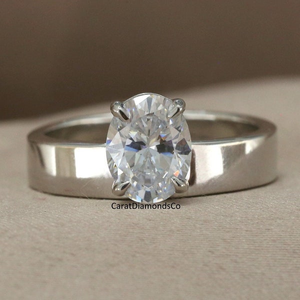Solitaire Diamond Ring, 9X7 MM Oval Cut Colorless Moissanite Wedding Ring, Wide Band Ring, 935 Argentium Silver Ring, Unique Prong Set Ring