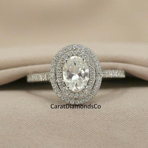 8X6 MM Oval Cut Colorless Moissanite Engagement Ring, Pave Set Accents Ring, 10K White Gold Ring, Double Halo Diamond Ring, Anniversary Gift