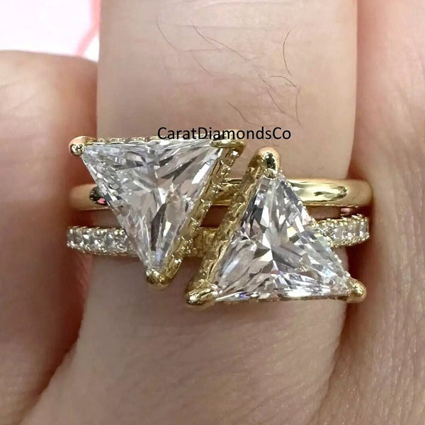 Unique Hidden Halo 2.2 TCW Triangle Cut Moissanite Wedding Ring Set, Pave Set Ring, Solitaire Diamond Ring, Solid 10K Yellow Gold Ring Set