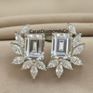 14K White Gold Bridal Earrings, Cluster Diamond Moissanite Earrings, 6.88 TCW Emerald & Marquise Cut Diamond Wedding Earrings, Stud Earrings