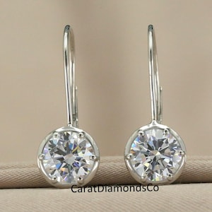 14K White Gold Solitaire Earrings, 8 MM Round Brilliant Cut Moissanite Wedding Earrings, Bezel And Prong Set Diamond Dangle Drop Earrings