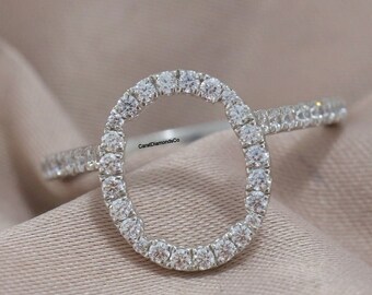 Round Cut Lab Grown Diamond Bridal Matching Band Ring, Oval Shape Halo Circle Ring, Solid 10K White Gold Ring, Unique Open Circle Ring, Gift
