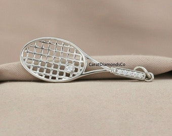 10K White Gold Sport&#39;s Jewelry Pendant, Tennis Racket Pendant, Sports Lover Pendant Gift, Gorgeous Tennis Ball Racket Pendant, Gift For Her