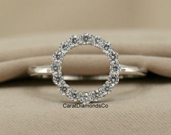 Open Circle Halo Diamond Ring, 14K White Gold Promise Ring, 2.00 MM Round Cut Moissanite Diamond Anniversary Ring, Unique Everyday Wear Ring