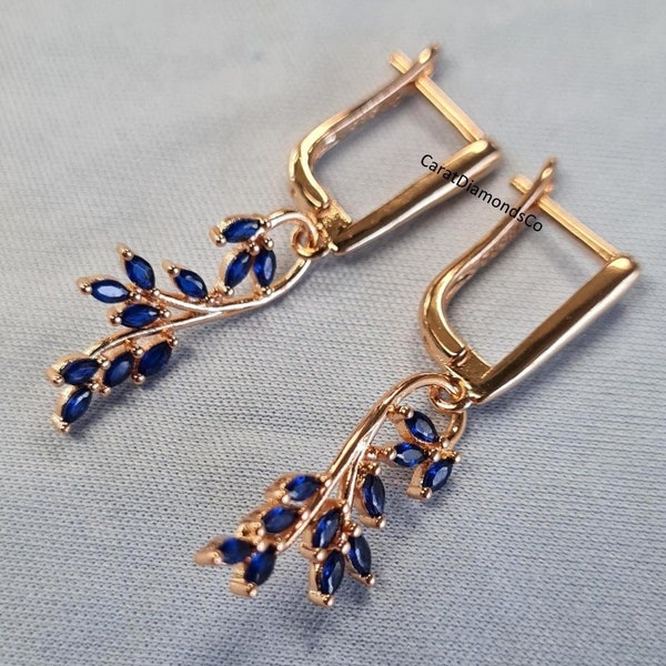 Cluster Set Diamond Wedding Earrings, Elegant 2.2TCW Marquise Cut Blue Sapphire Gemstone Earrings, Solid 10K Yellow Gold Party Wear Earrings