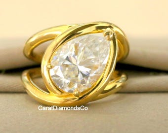 Anello di fidanzamento con moissanite taglio a pera da 12 x 8 mm, anello con diamante solitario a gambo diviso intrecciato, castone con anello incastonato a griffe, anello in oro giallo 14 carati