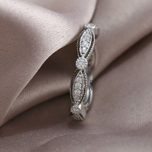 Milgrain Vintage Art Deco Style Wedding Band, Full Eternity Brilliant Round Cut Moissanite Band, Matching Stacking Band, 925 Sterling Silver