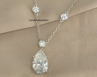 Stunning 16X12 MM Pear Cut Moissanite Wedding Necklace, Bezel Setting Round Diamond Necklace, Tennis Necklace, 935 Argentium Silver Necklace