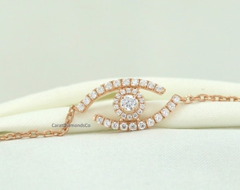 3.00 MM Round Cut Lab Grown Diamond Bracelet, Beautiful Evil Eye Chain Bracelet, 14K Rose Gold Party Wear Bracelet, Pave Set Bridal Bracelet