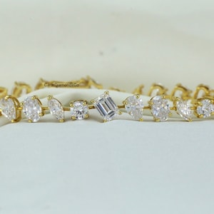 Beautiful Tennis Engagement Bracelet, Trendy Multi Shape Slant Diamond Bracelet, 10K Yellow Gold Bracelet, Casual Wear Bracelet Gift For Her