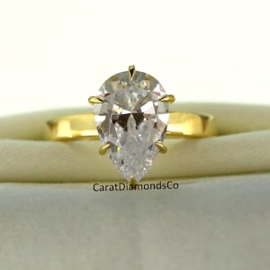 Classic Solitaire Ring, 3.0 Ct Pear Cut Diamond Engagement Ring, 18K Yellow Gold Thick Band Ring, Prong Set Pear Moissanite Anniversary Ring