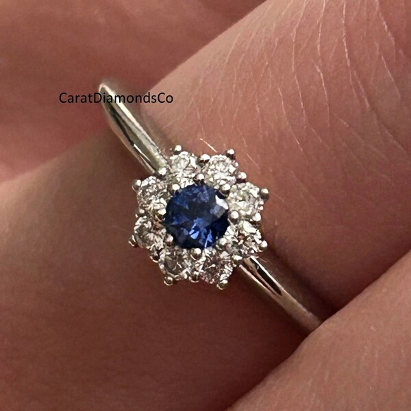 Beautiful Flower Design Ring, 3 MM Round Cut Blue Sapphire Gemstone Proposal Ring, Floral Halo Set Ring, 925 Sterling Silver Engagement Ring